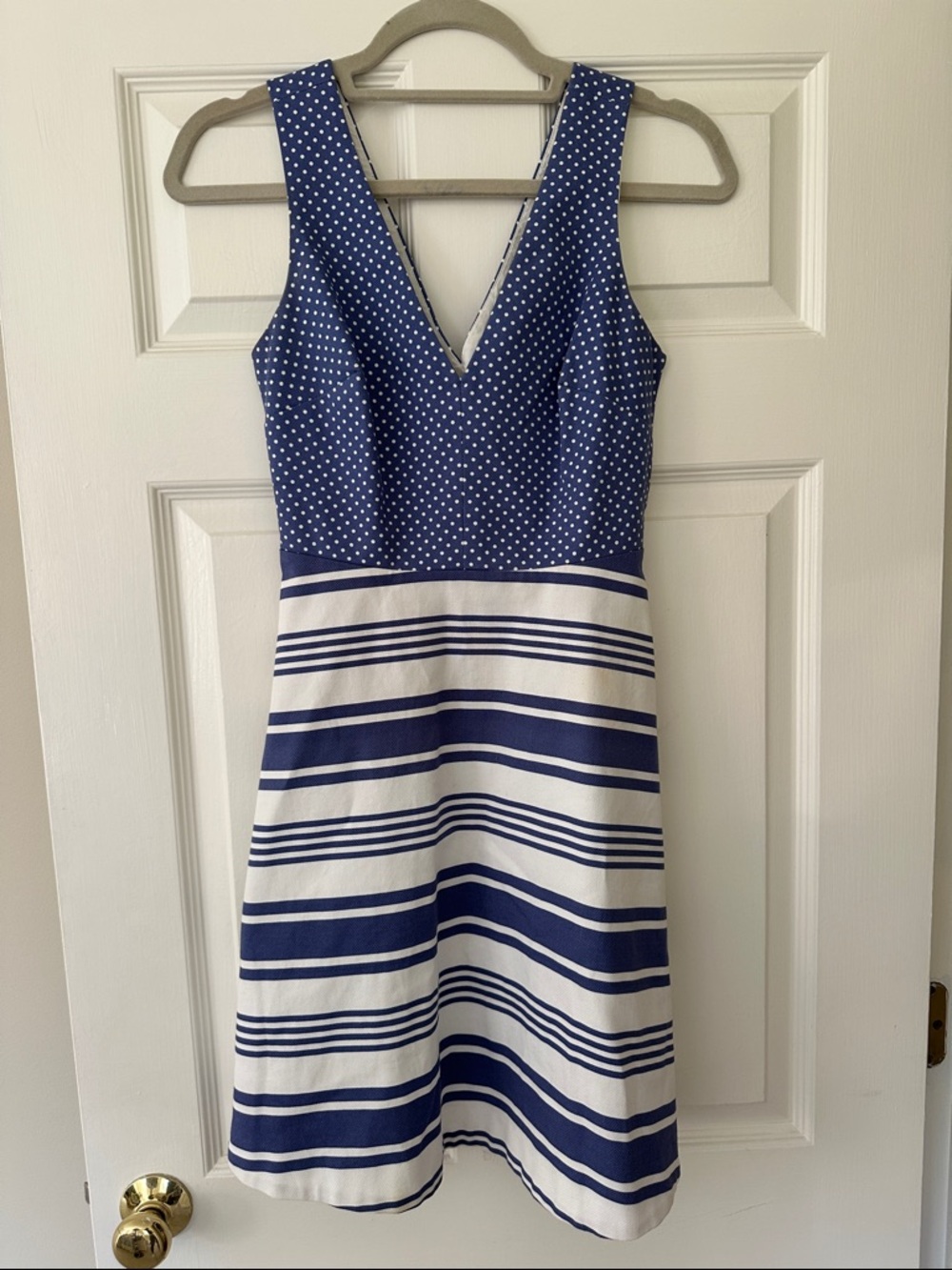 Victoria's Secret Navy and White V-Neck Polka Dot & Stripe Midi Dress